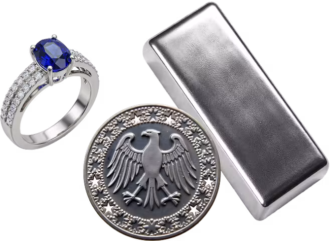 Silberankauf bei Goldmichi – Silberbarren, Silbermünze und Silberschmuck auf schwarzem Hintergrund