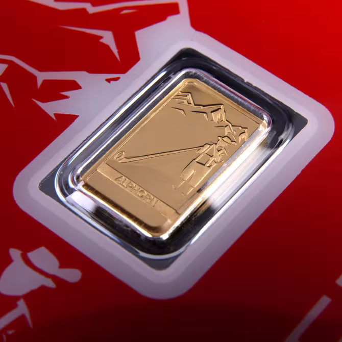 PAMP Goldbarren 1g Schweiz Alphorn Rueckseite der Verpackung mit Zertifikatsangaben