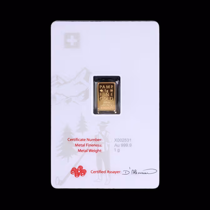 PAMP Goldbarren 1g Schweiz Alphorn Rueckseite der Verpackung in weiterer Ansicht