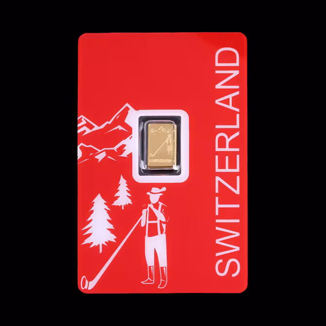 PAMP Goldbarren 1g Schweiz Alphorn Vorderseite in roter Blisterkarte