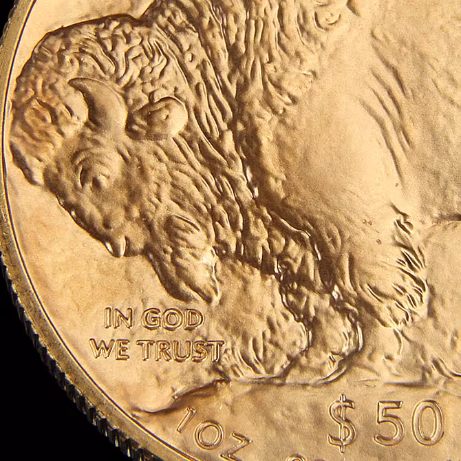 American Buffalo Goldmuenze 1 oz Detailansicht Bueffelkopf mit IN GOD WE TRUST