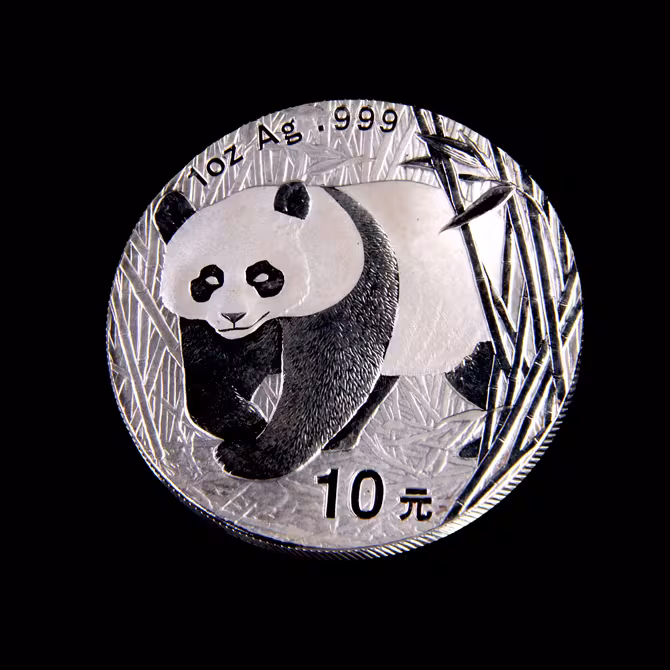 China Panda Silbermuenze 1 oz 2002 Vorderseite Panda Bambus 1oz Ag 999 10 Yuan frontal