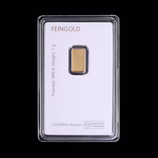 Degussa Goldbarren 1g Feingold 999,9 Blister Vorderseite
