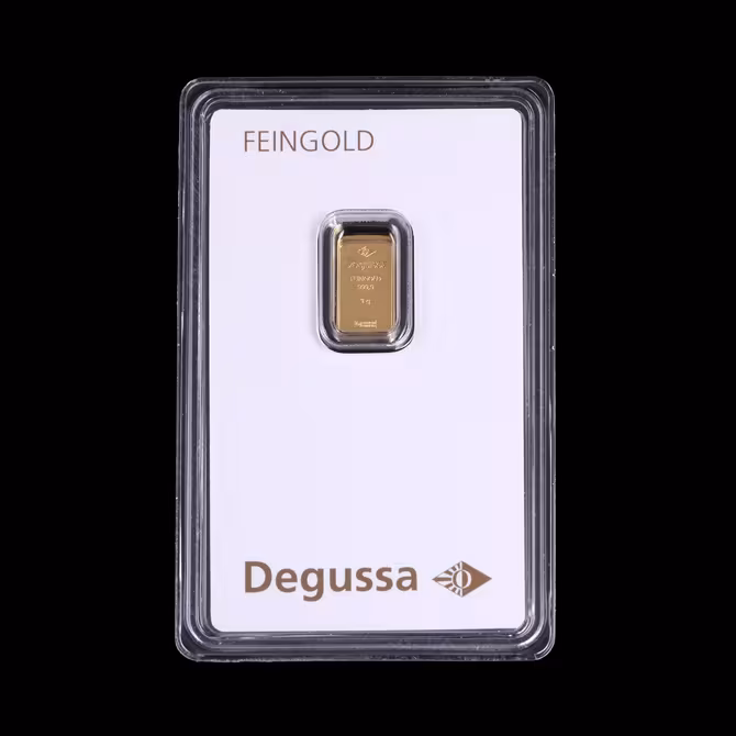Degussa Goldbarren 1g Feingold Nahaufnahme Barren in Plexikapsel