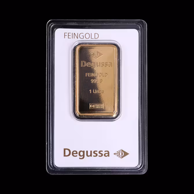 Degussa Goldbarren 1oz Feingold 999,9 Blister Vorderseite
