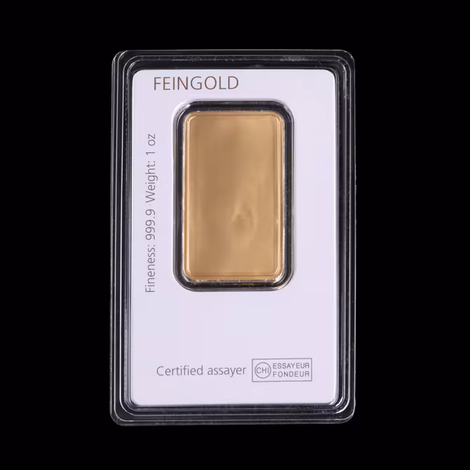 Degussa Goldbarren 1oz Detail Logo und Schriftzug im Blister