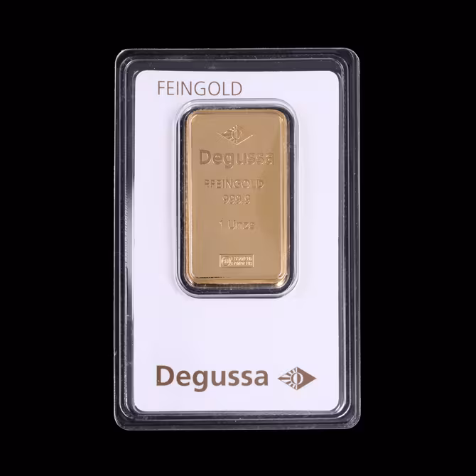 Degussa Goldbarren 1oz Feingold Blister Vorderseite und Rueckseite