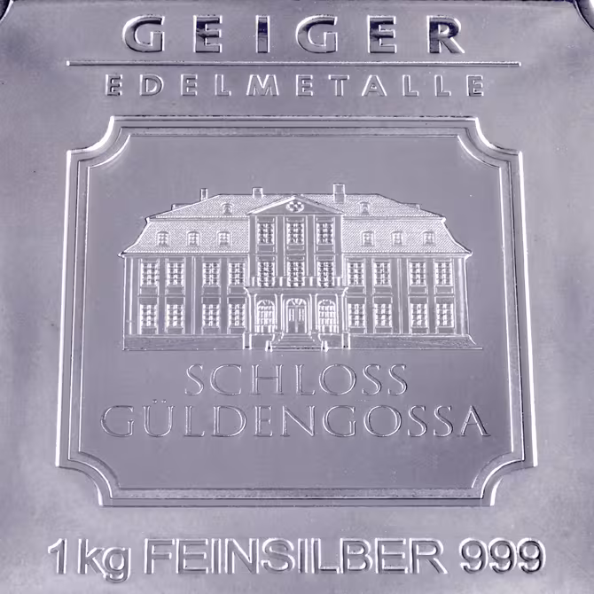 Geiger Silberbarren 1kg Schloss Gueldengossa Vorderseite Praegung ohne Folie