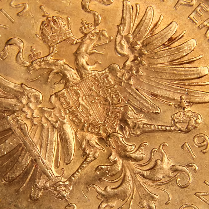 Goldmünze 10 Kronen Franz Joseph 1908 Detailaufnahme Doppeladler und Wappen