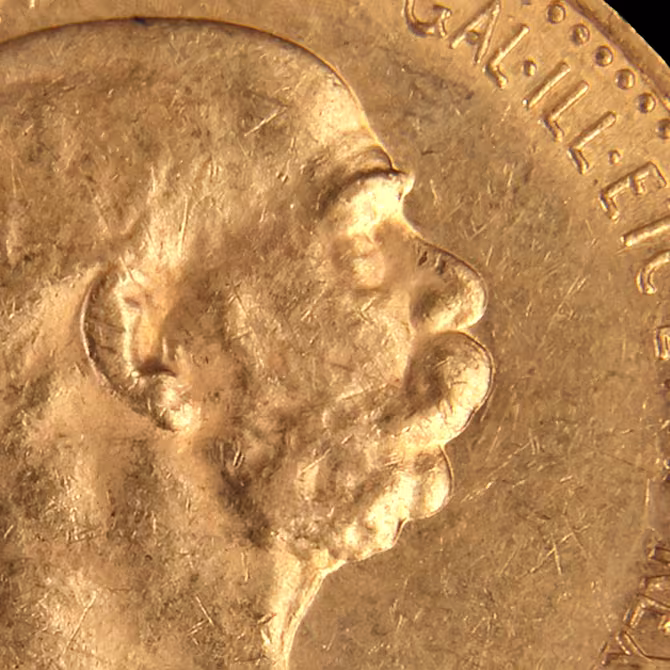 Goldmünze 10 Kronen Franz Joseph 1908 Detailaufnahme Portrait Franz Joseph I.