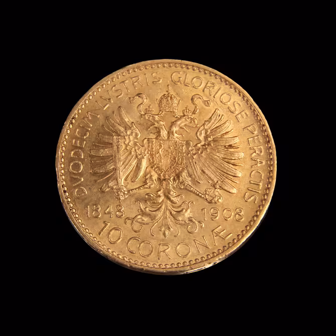 Goldmünze 10 Kronen Franz Joseph 1908 Rückseite mit Doppeladler und Jubiläumsinschrift