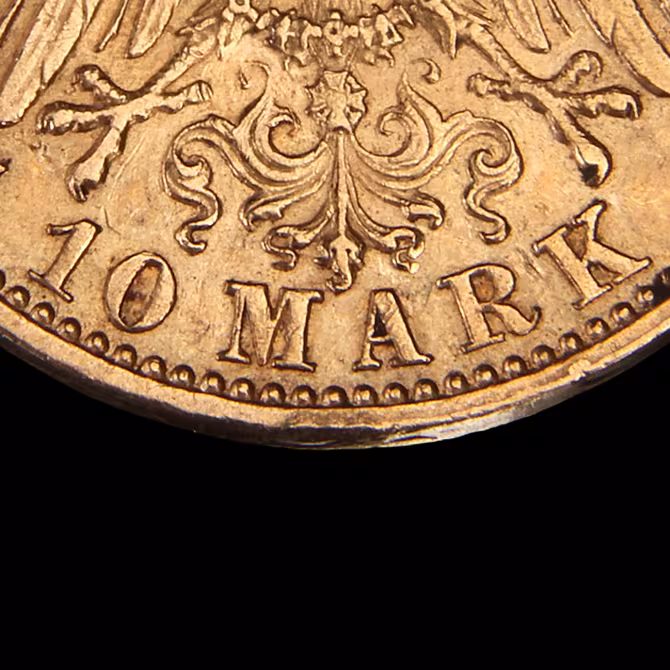 Goldmünze 10 Mark Wilhelm II. Preußen Detailaufnahme Reichsadler und 10 MARK Inschrift