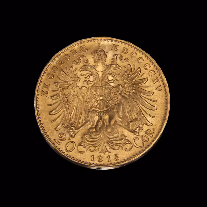 Goldmünze 20 Kronen Franz Joseph I. 1915 Rückseite mit Doppeladler und 20 COR