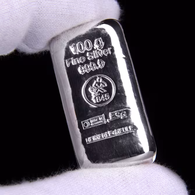 Heimerle und Meule Silberbarren 100g Vorderseite Praegung Fine Silver 999,9