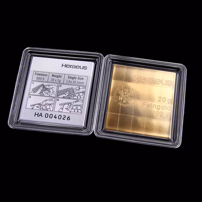 Heraeus CombiBar Goldtafel 20x1g geoeffneter Blister mit Zertifikat
