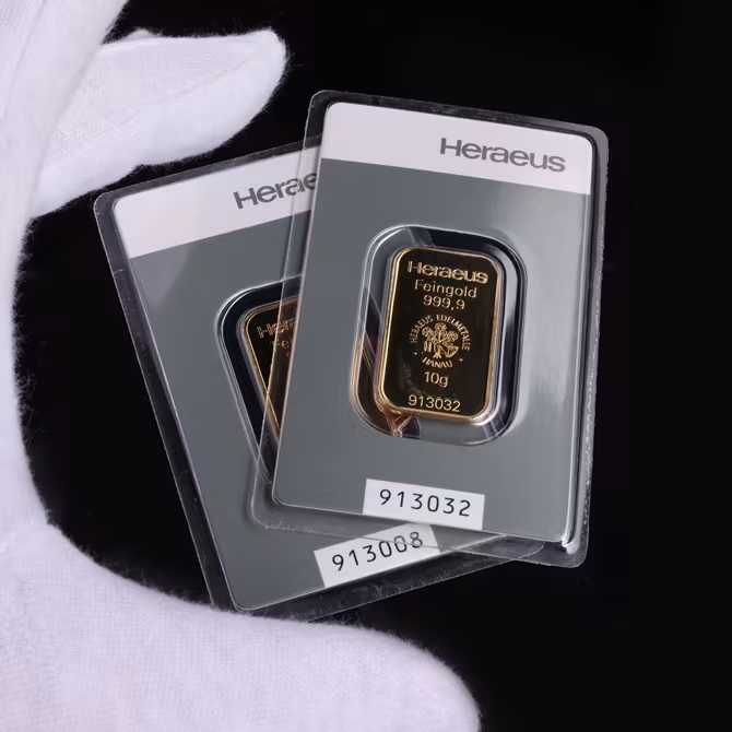 Heraeus Goldbarren 10g Blister Hochformat Feingold gepraegt