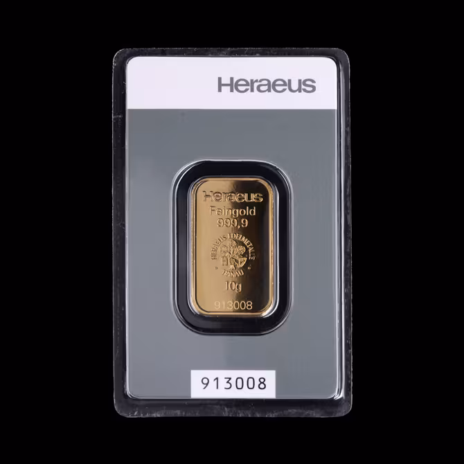 Heraeus Goldbarren 10g Blister Rueckseite mit Seriennummer