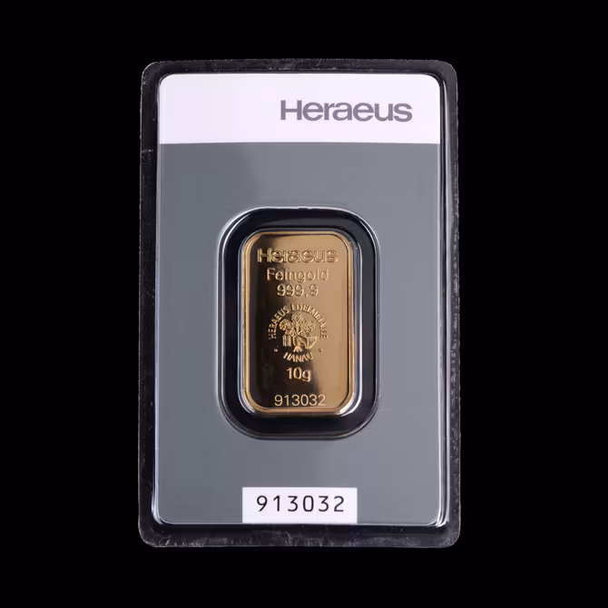 Heraeus Goldbarren 10g Blister Vorderseite Feingold 999,9