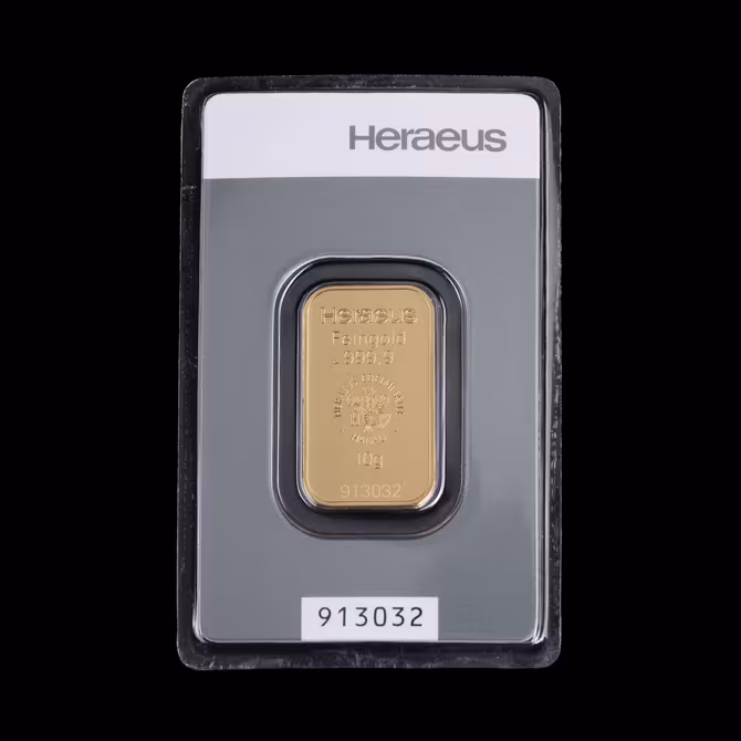 Heraeus Goldbarren 10g zwei Blister Schraegansicht Feingold 999,9