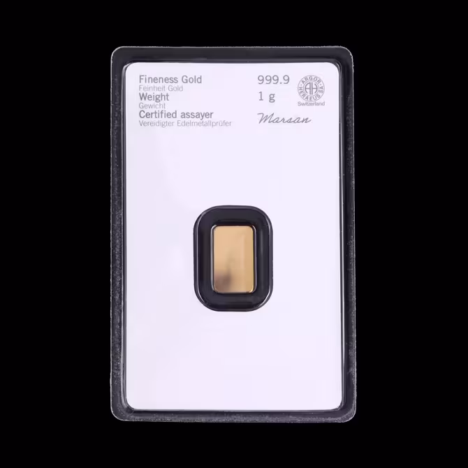 Heraeus Goldbarren 1g Blister Schraegansicht mit Seriennummer