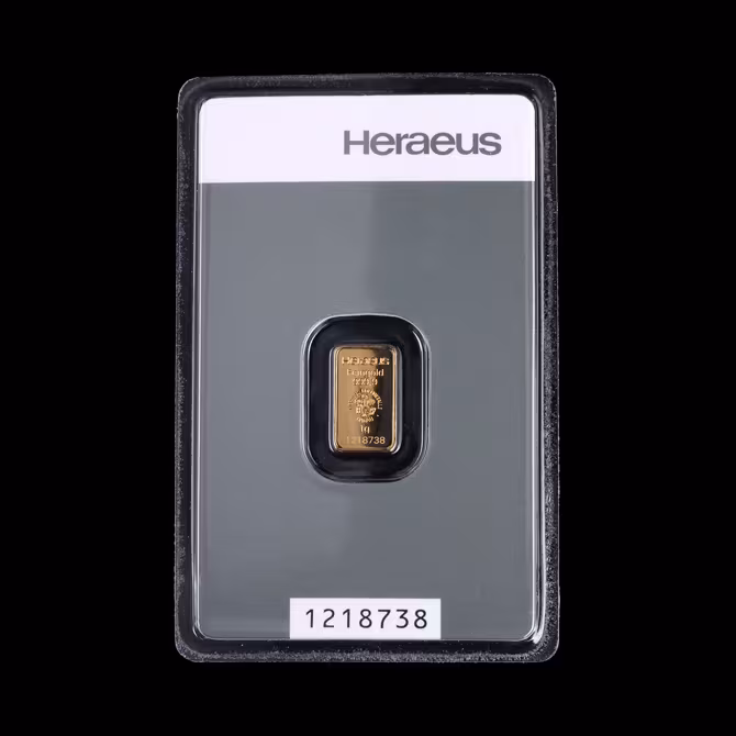 Heraeus Goldbarren 1g Blister Rueckseite Zertifikat Fineness Gold 999,9
