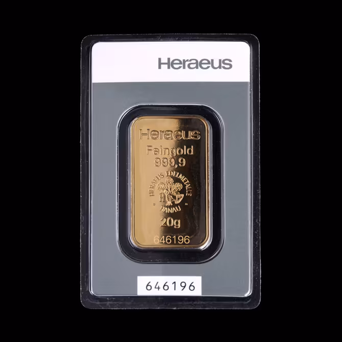 Heraeus Goldbarren 20g Detailansicht der Praegung Feingold 999,9