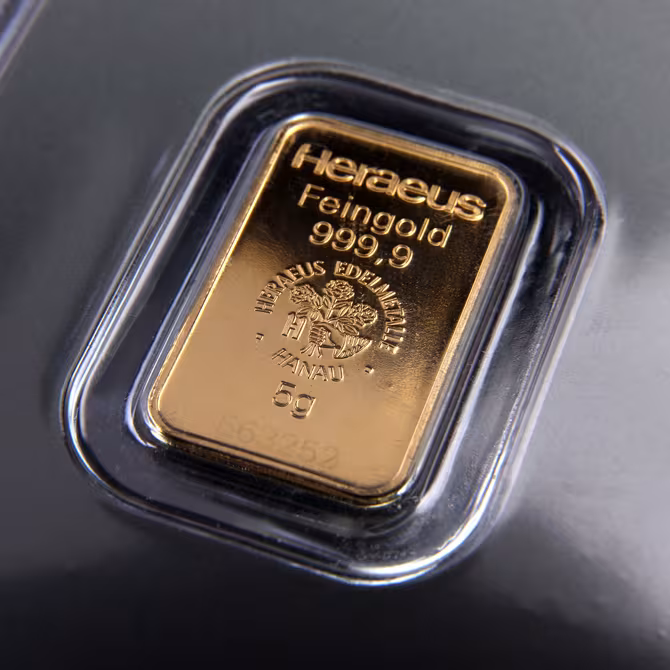 Heraeus Goldbarren 5g Blister Rueckseite Zertifikat Fineness Gold 999,9