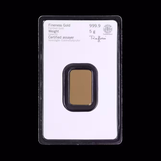 Heraeus Goldbarren 5g Blister Schraegansicht mit Seriennummer