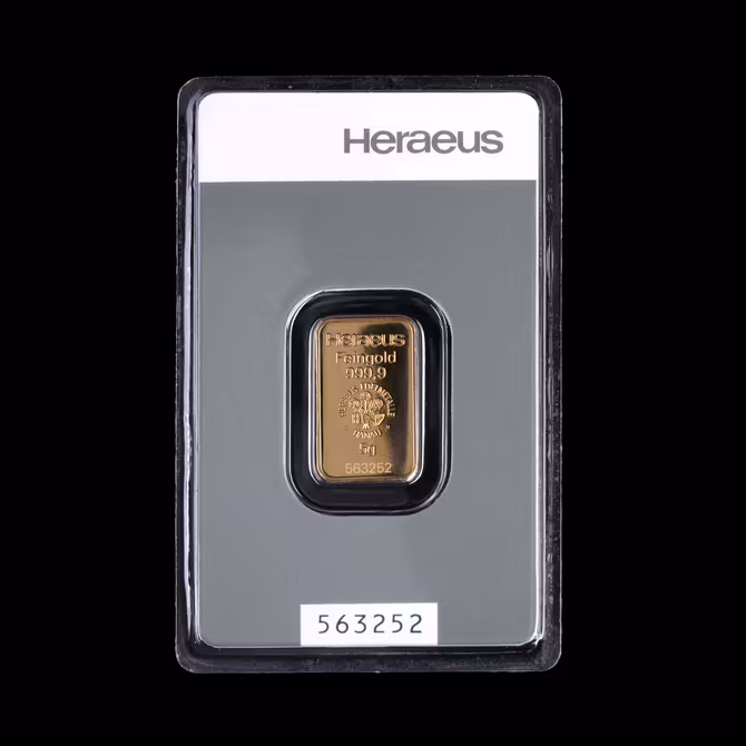 Heraeus Goldbarren 5g Feingold 999,9 Blister Vorderseite