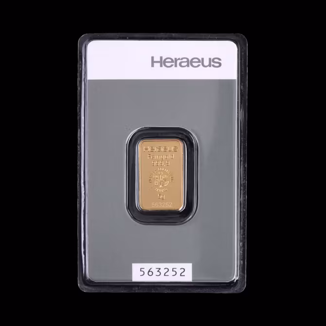 Heraeus Goldbarren 5g Feingold Nahaufnahme Praegung Rueckseite