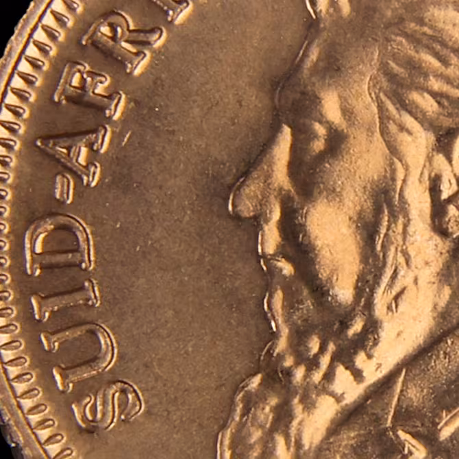 Krügerrand Goldmünze 1/10 oz Detailaufnahme Vorderseite Paul Kruger Portrait