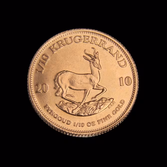 Krügerrand Goldmünze 1/10 oz Rückseite mit Springbock, schwarzer Hintergrund