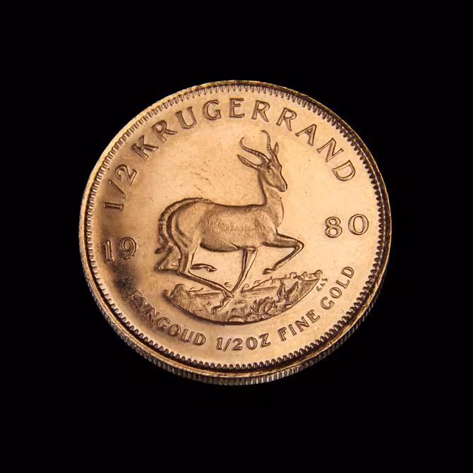 Krügerrand Goldmünze 1/2 oz 1980 Rückseite mit Springbock FYNGOUD 1/2 OZ FINE GOLD