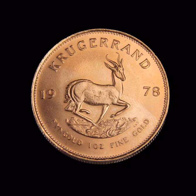 Kruegerrand Goldmuenze 1 oz 1978 Vorderseite Springbock frontal schwarzer Hintergrund