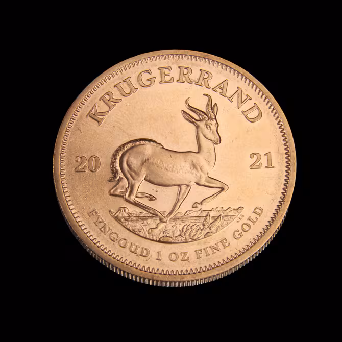 Kruegerrand Goldmuenze 1 oz 2021 Vorderseite Springbock frontal schwarzer Hintergrund