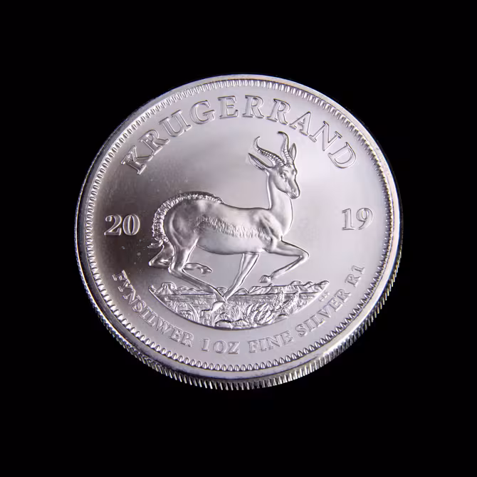 Kruegerrand Silbermuenze 1 oz 2019 Vorderseite Springbock KRUGERRAND FEINSILBER 1 OZ FINE SILVER frontal