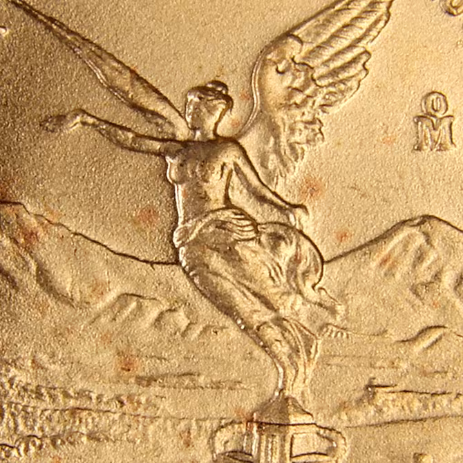 Libertad Goldmünze 1/10 oz Detailaufnahme Siegesgöttin und Münzzeichen