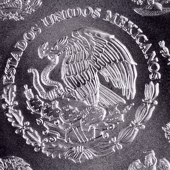 Libertad Silbermuenze 5 oz 2012 Detailansicht mexikanisches Wappen Adler Schlange ESTADOS UNIDOS MEXICANOS