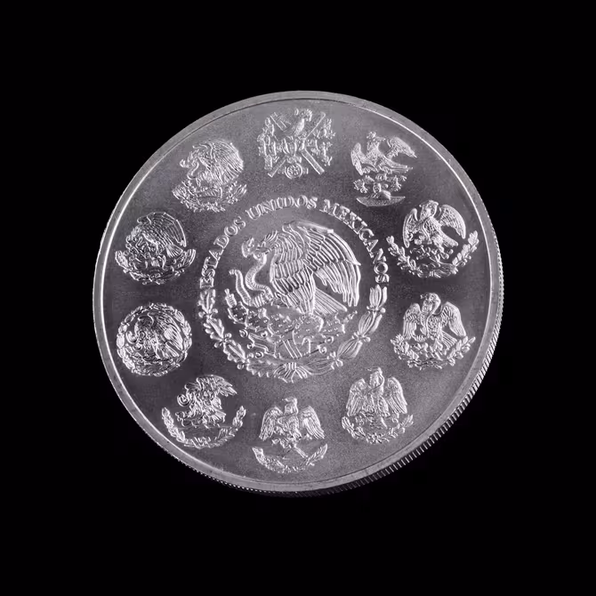 Libertad Silbermuenze 5 oz 2012 Rueckseite mexikanisches Wappen 10 historische Staatswappen