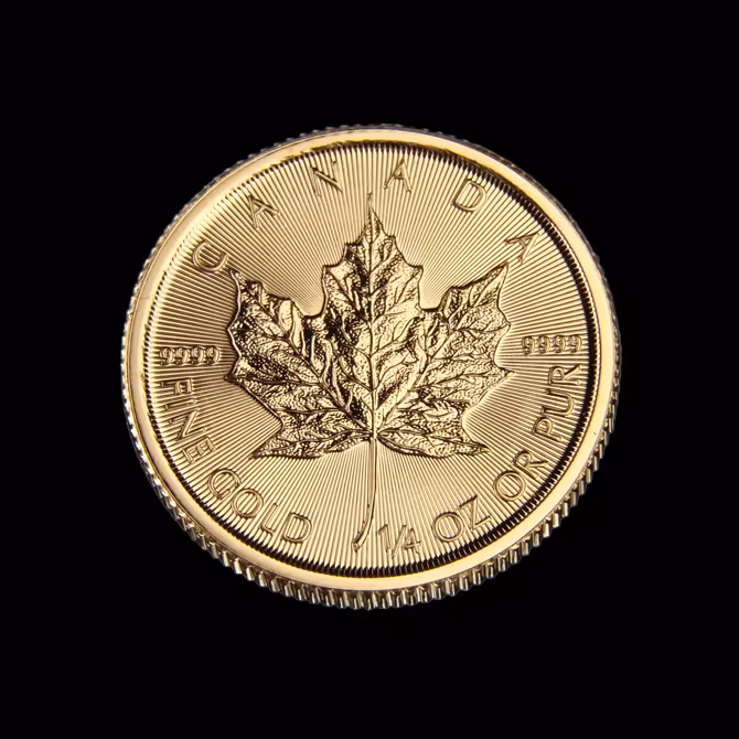 Royal Canadian Mint Maple Leaf Goldmünze 1/4 oz Vorderseite mit Ahornblatt