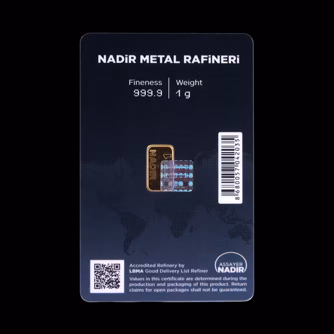 Nadir Goldbarren 1g Vorderseite in dunkler Blisterkarte