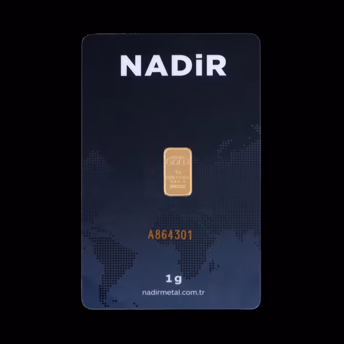 Nadir Goldbarren 1g Vorderseite in Blisterkarte mit Seriennummer