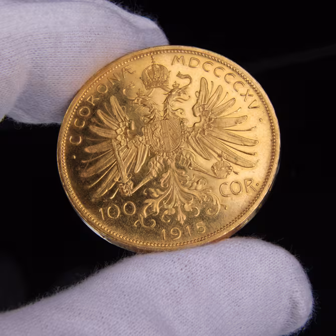 Oesterreich 100 Kronen Goldmuenze 1915 Nachpraegung Rueckseite Doppeladler in Handschuhen