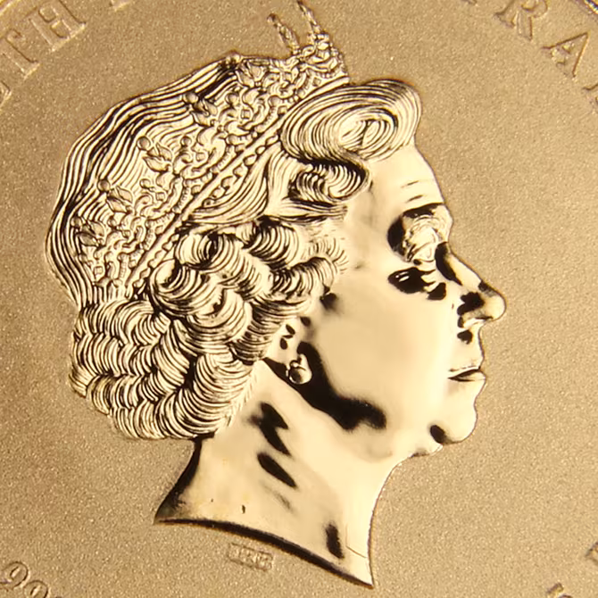 Perth Mint Goldmünze 1/10 oz Lunar II Pferd 2014 Detailaufnahme Queen Elizabeth II