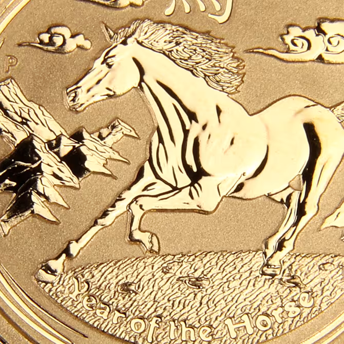 Perth Mint Goldmünze 1/10 oz Lunar II Pferd 2014 Detailaufnahme Pferd und Prägung