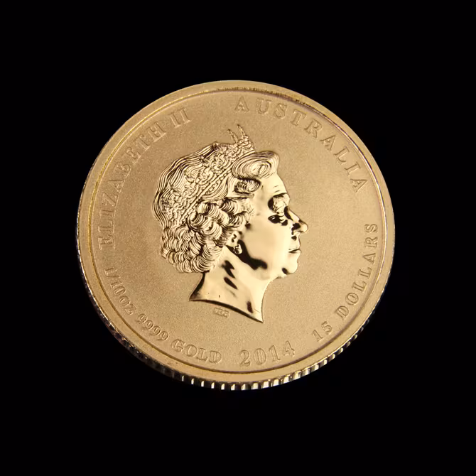 Perth Mint Goldmünze 1/10 oz Lunar II Pferd 2014 Rückseite Queen Elizabeth II Portrait