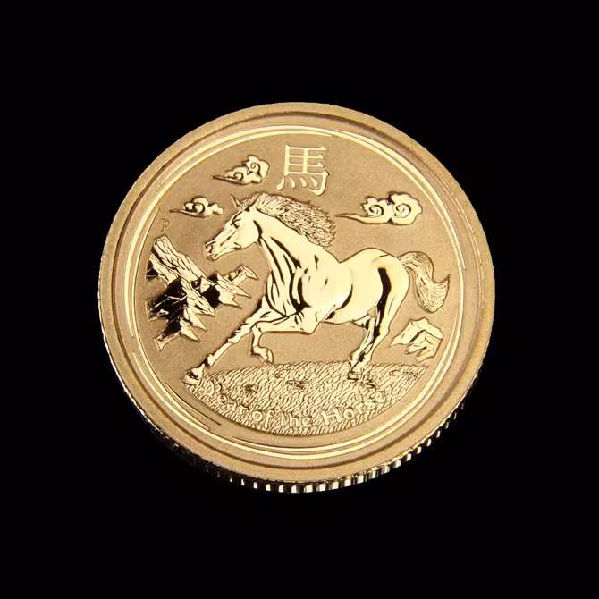 Perth Mint Goldmünze 1/10 oz Lunar II Pferd 2014 Vorderseite mit galoppierendem Pferd