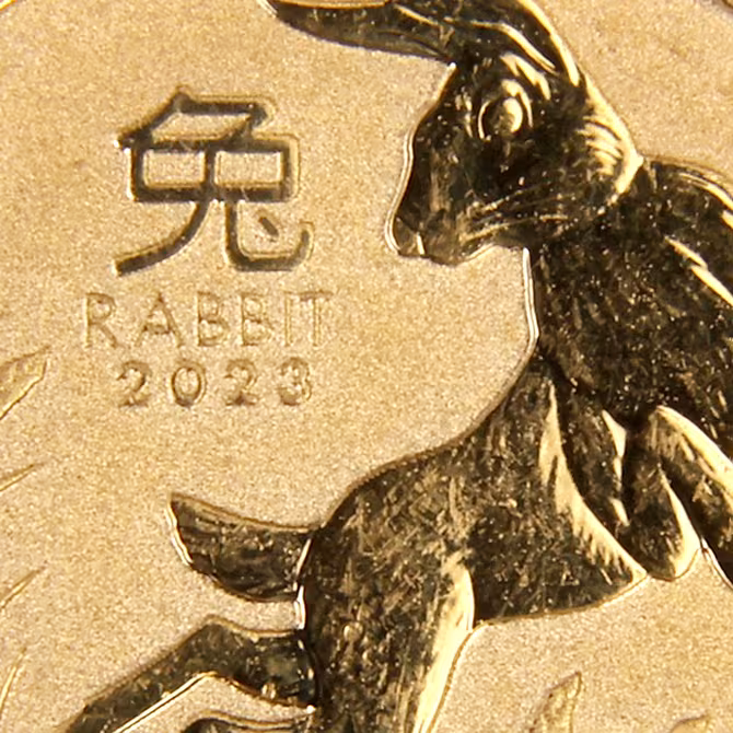 Perth Mint Goldmünze 1/10 oz Lunar III Hase 2023 Vorderseite leicht schräg