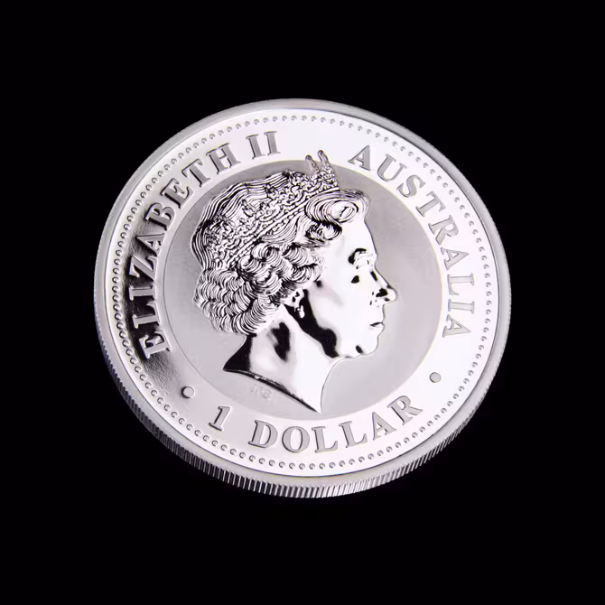 Perth Mint Australian Kookaburra Silbermuenze 1 oz 2008 Rueckseite Portraet Elizabeth II. AUSTRALIA 1 DOLLAR