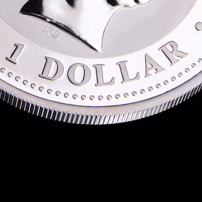 Perth Mint Australian Kookaburra Silbermuenze 1 oz 2008 Nahaufnahme Rueckseite 1 DOLLAR Punktrand